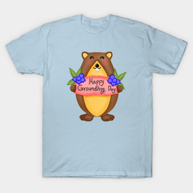 Cute groundhog with happy groundhog day. T-Shirt by Onanong art design shop.